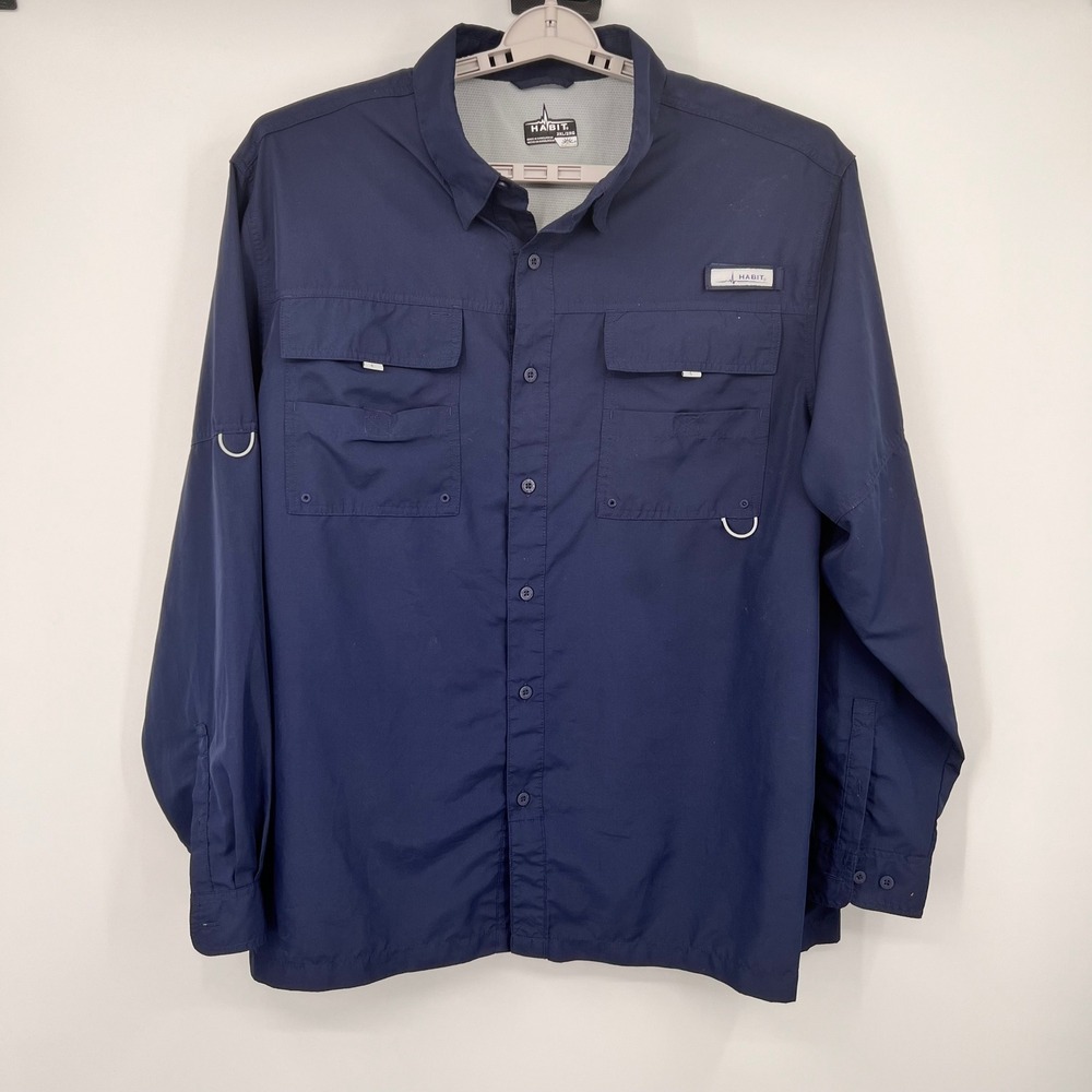 Habit‎ Mens 2XL Navy Blue Solar-Factor Long Sleeve Fishing Shirt Vented UPF 40+